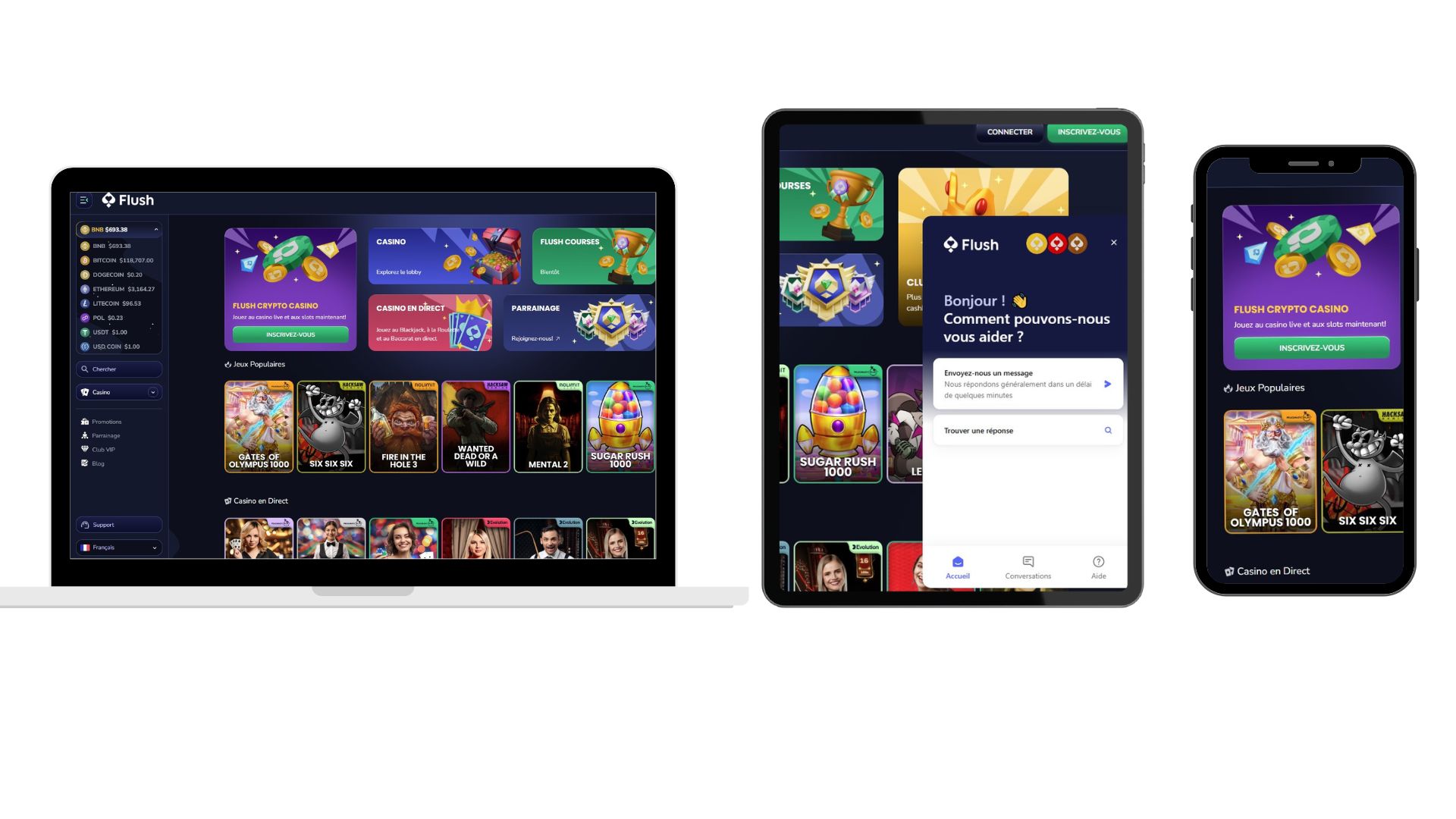 Le site de Flush Casino affiché de manière responsive sur un ordinateur portable, une tablette et un smartphone.