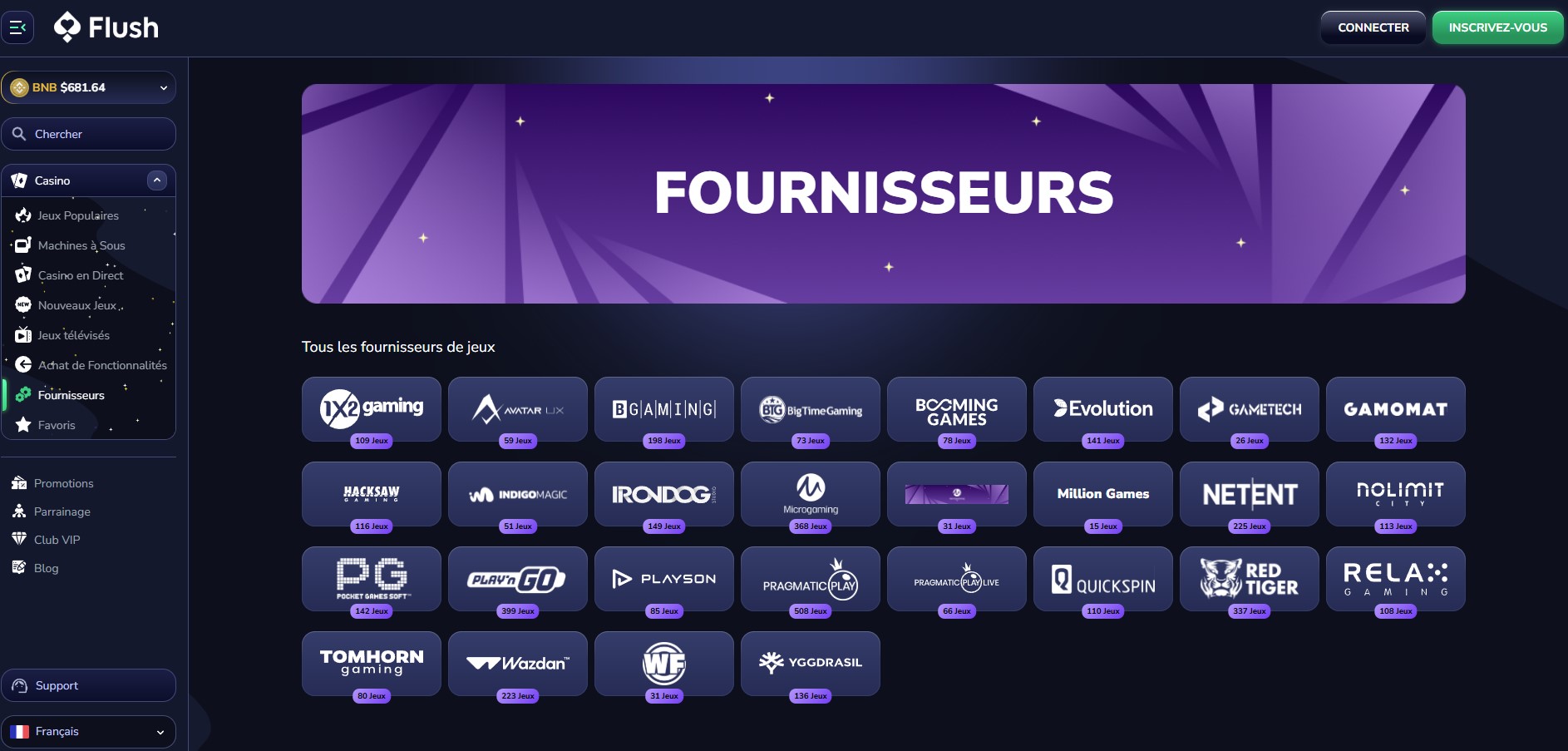 Logos des principaux fournisseurs de jeux de casino disponibles sur Flush comme Pragmatic Play et Play'n Go.