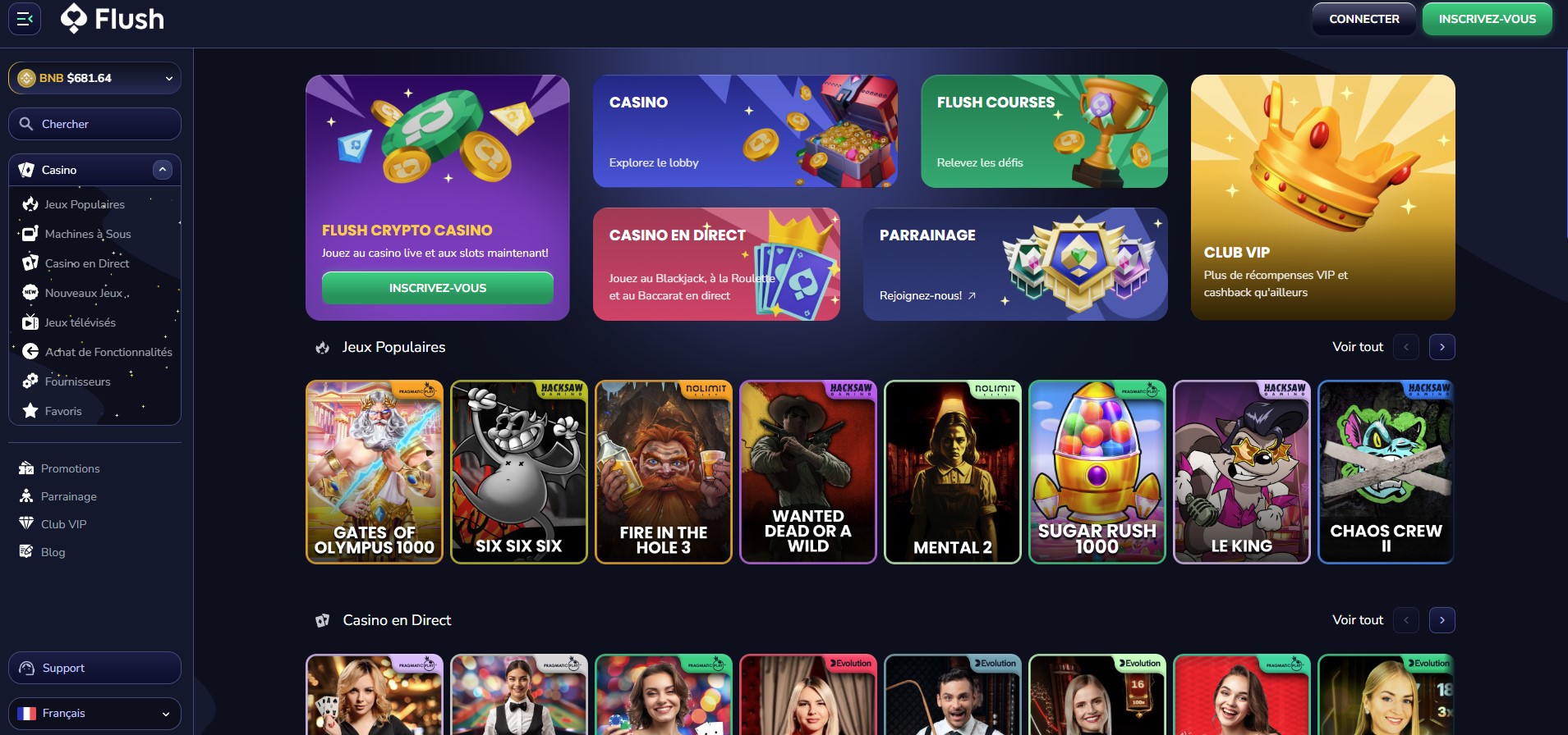 Page d'accueil de Flush Casino montrant la sélection de jeux et le design du site.
